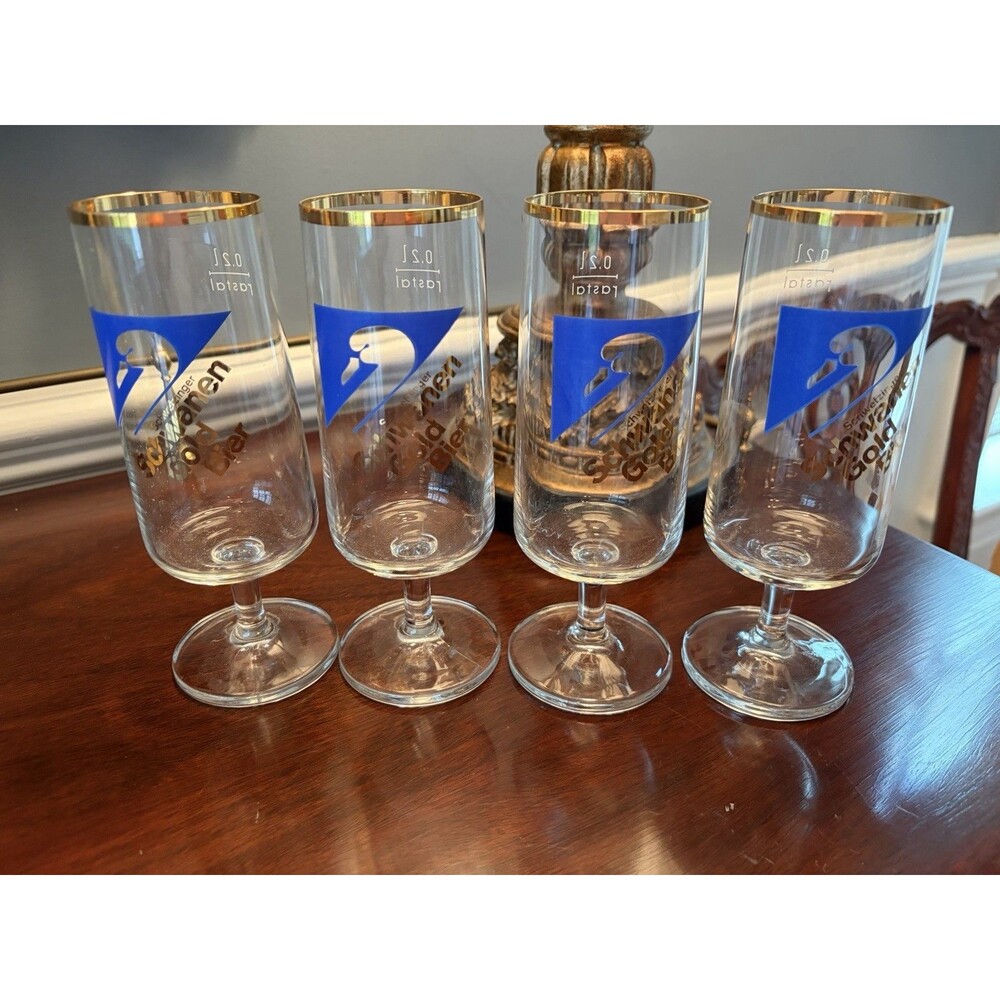 Vintage Schwetzinger Schwanen Stemmed Beer Glasses Set of 4 Gold Rim